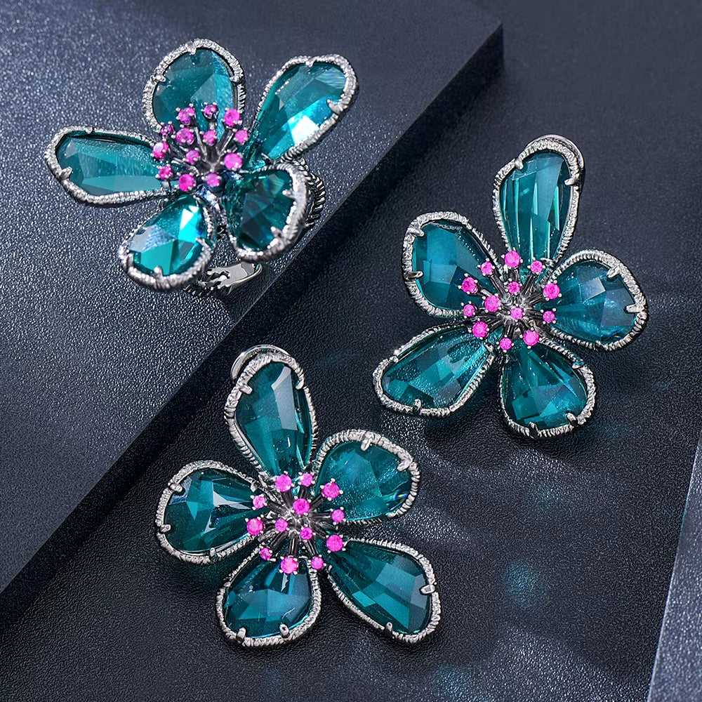 Luxury Flower Blue Crystal Jewelry Set for Women Wedding Necklace Earring Set Cubic Zircon Dubai Bridal Jewelry Set 2024