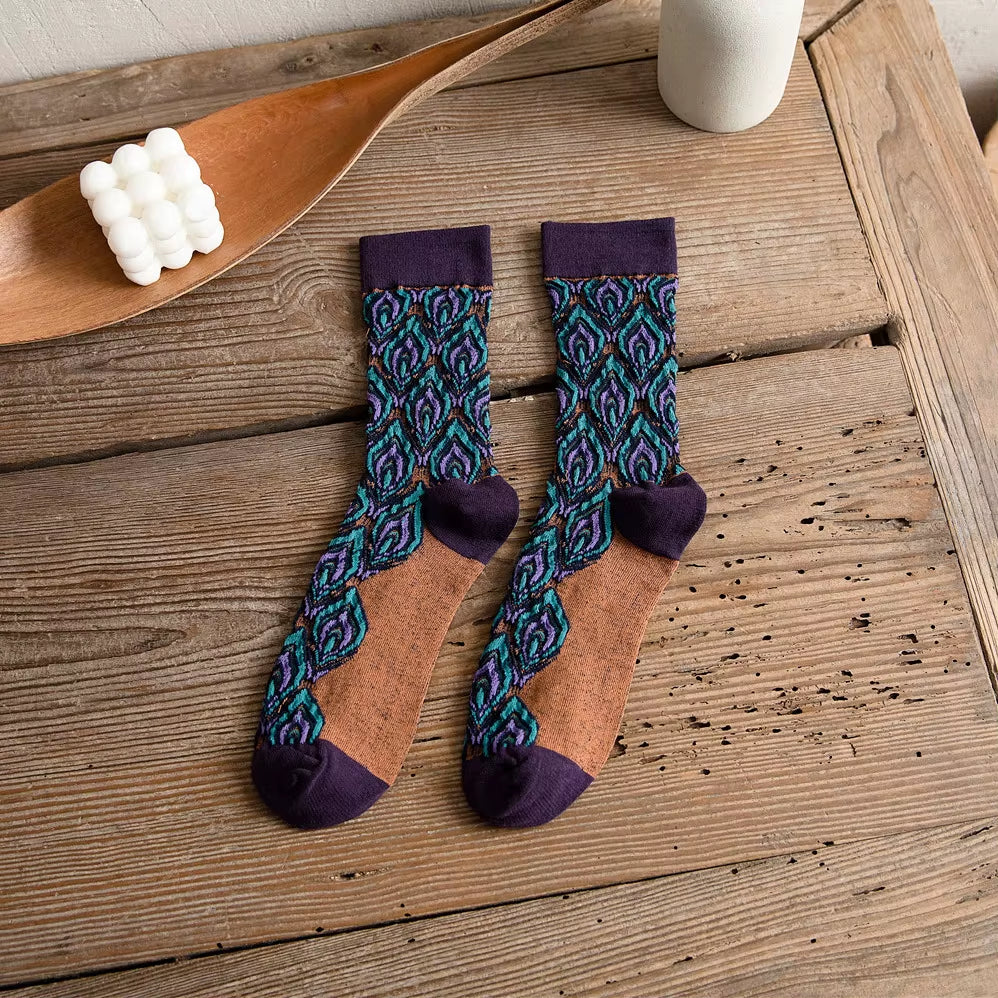 1Pairs Long Socks Women Retor Luxury Autumn Winter Peacock Feather Pattern Harajuku Style Soken Chaussette Femme