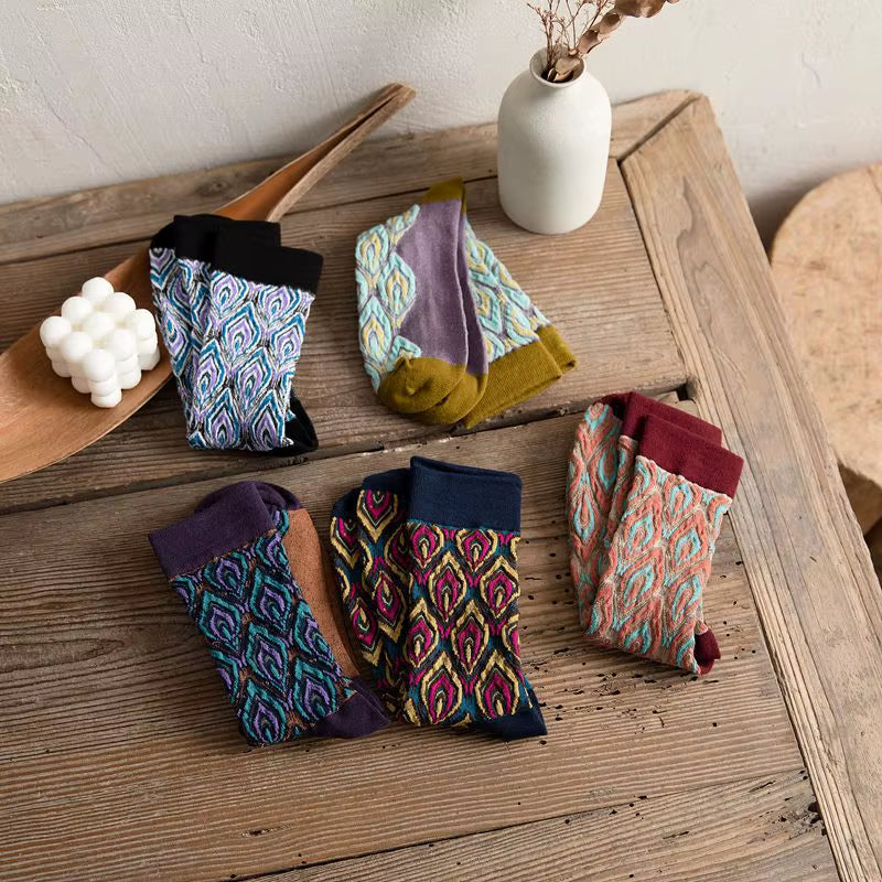 1Pairs Long Socks Women Retor Luxury Autumn Winter Peacock Feather Pattern Harajuku Style Soken Chaussette Femme