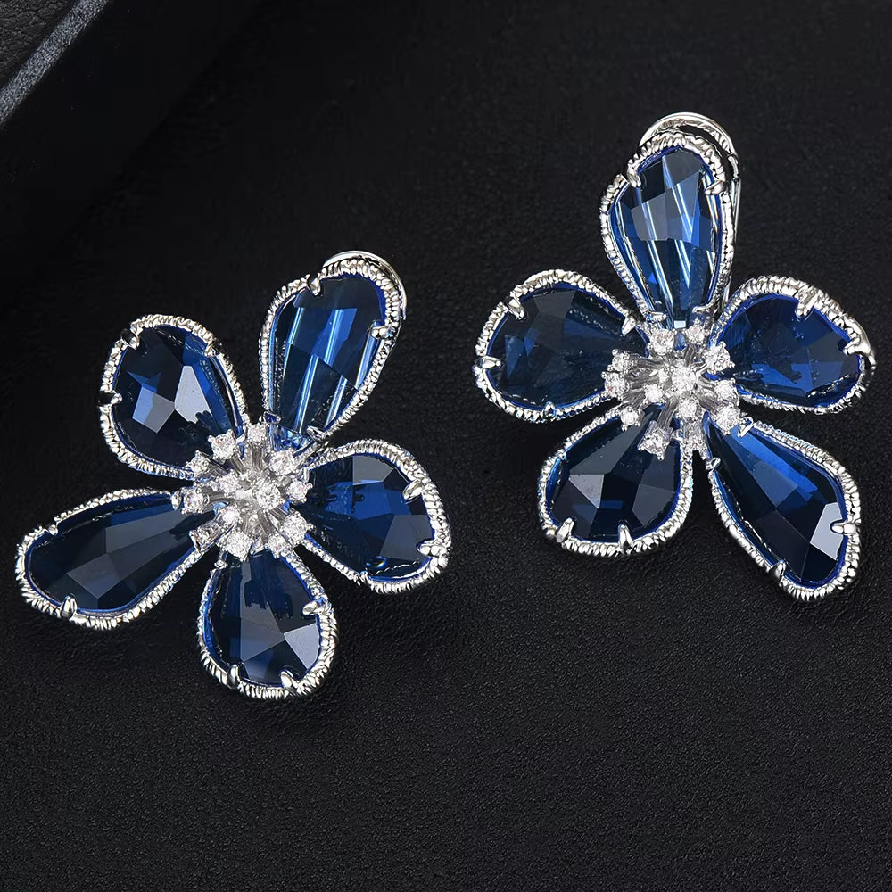 Luxury Flower Blue Crystal Jewelry Set for Women Wedding Necklace Earring Set Cubic Zircon Dubai Bridal Jewelry Set 2024