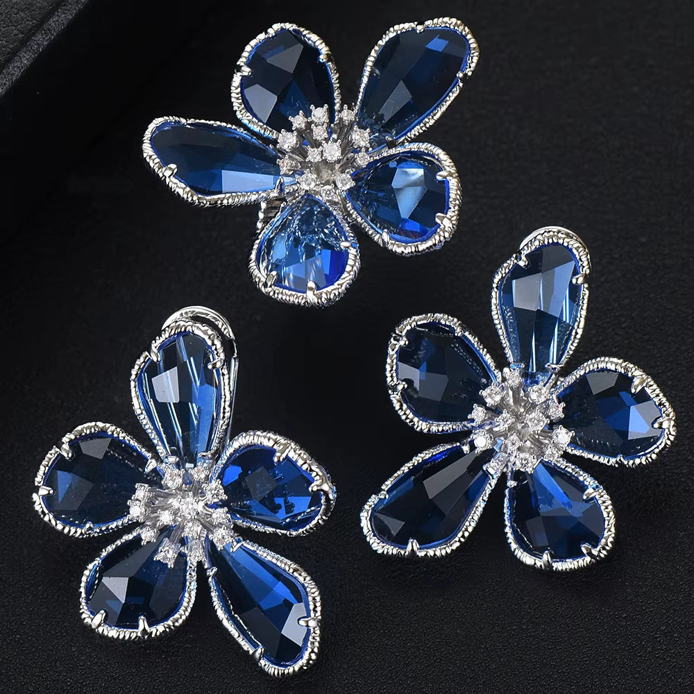 Luxury Flower Blue Crystal Jewelry Set for Women Wedding Necklace Earring Set Cubic Zircon Dubai Bridal Jewelry Set 2024