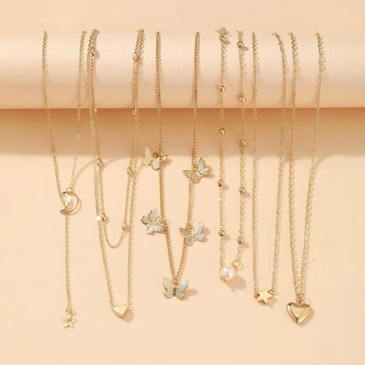 6PCS Necklace Simple Temperament Lovely Butterfly Star Moon Popular Lady Necklace Set for Women Jewelry European and American