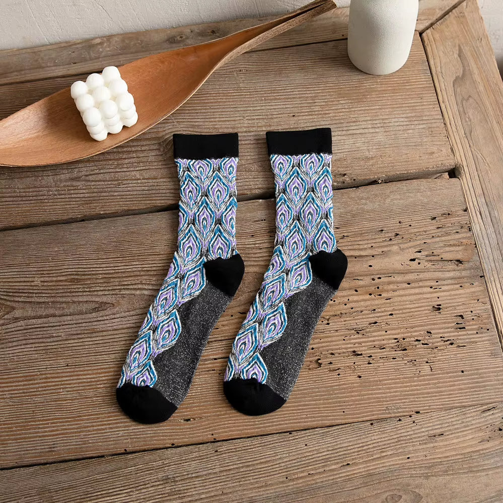 1Pairs Long Socks Women Retor Luxury Autumn Winter Peacock Feather Pattern Harajuku Style Soken Chaussette Femme