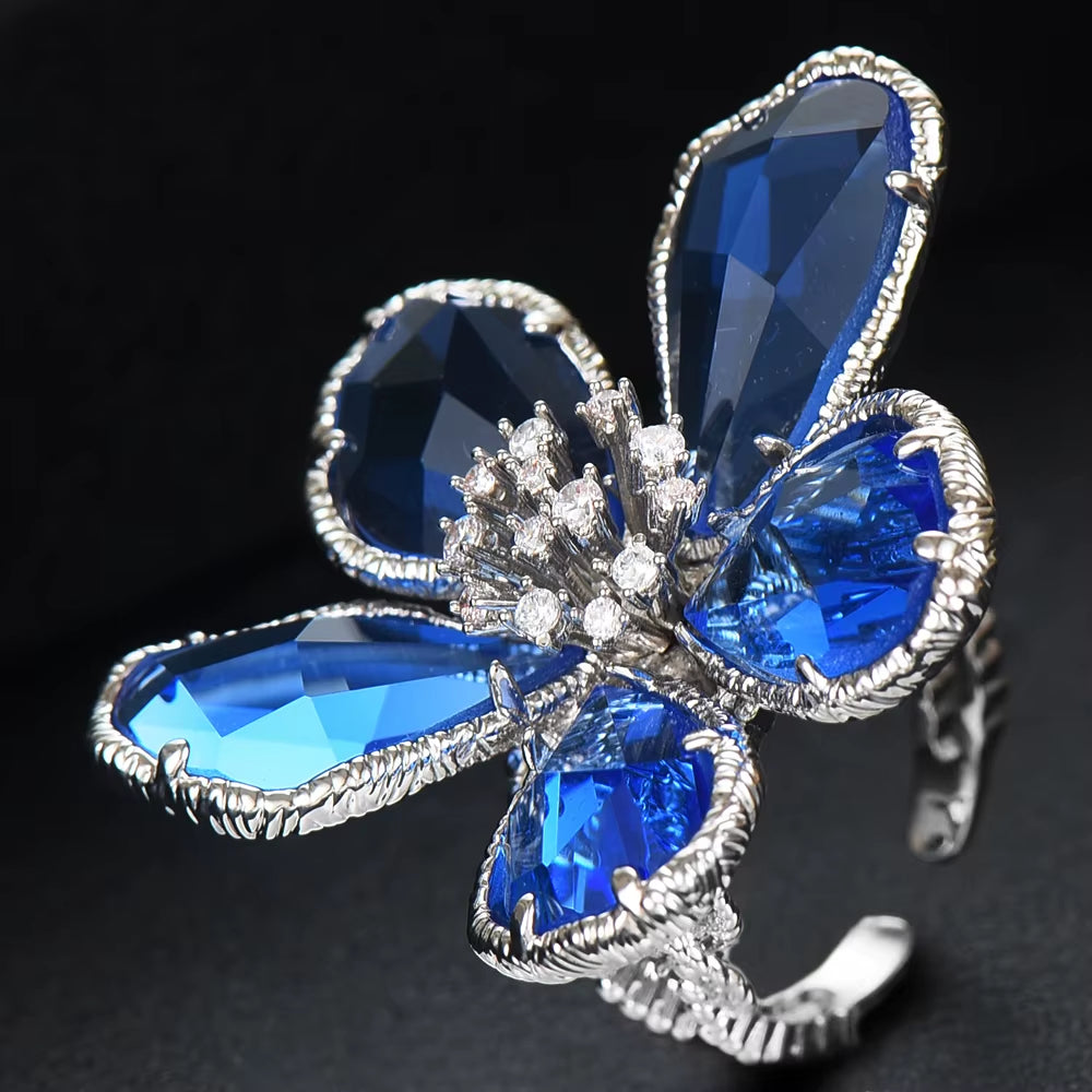 Luxury Flower Blue Crystal Jewelry Set for Women Wedding Necklace Earring Set Cubic Zircon Dubai Bridal Jewelry Set 2024