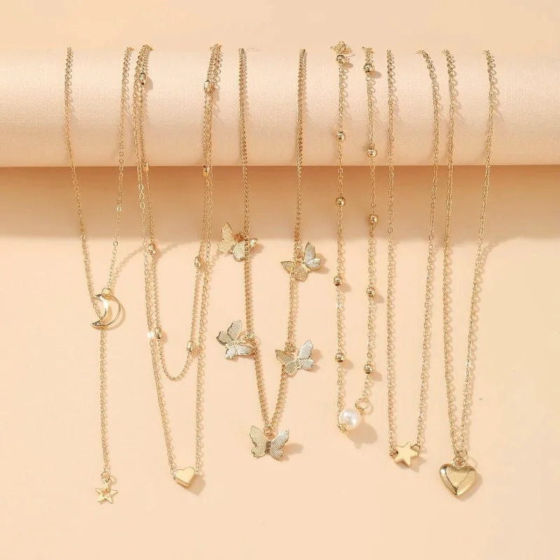 6PCS Necklace Simple Temperament Lovely Butterfly Star Moon Popular Lady Necklace Set for Women Jewelry European and American