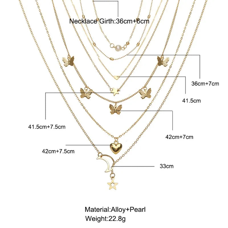 6PCS Necklace Simple Temperament Lovely Butterfly Star Moon Popular Lady Necklace Set for Women Jewelry European and American