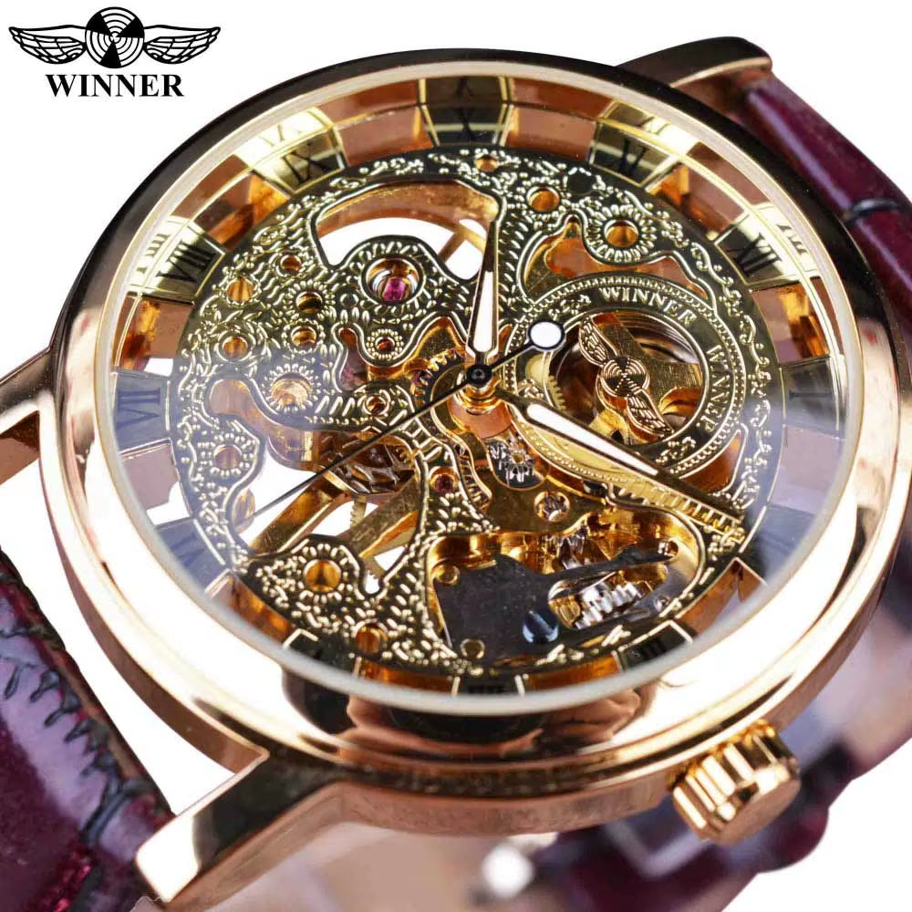 Winner Transparent Fashion Case Luxury Casual Design Leather Strap Mens Watches Top Brand Luxury Mechanical Skeleton Watch