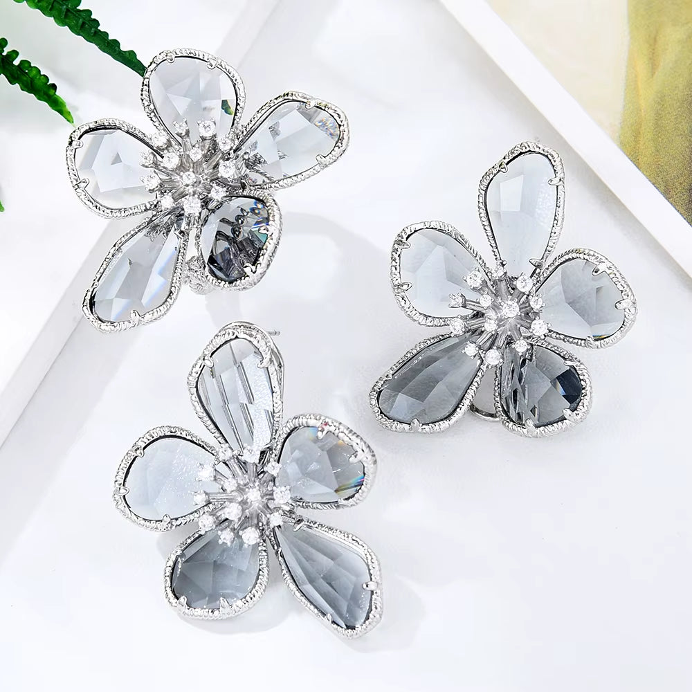 Luxury Flower Blue Crystal Jewelry Set for Women Wedding Necklace Earring Set Cubic Zircon Dubai Bridal Jewelry Set 2024