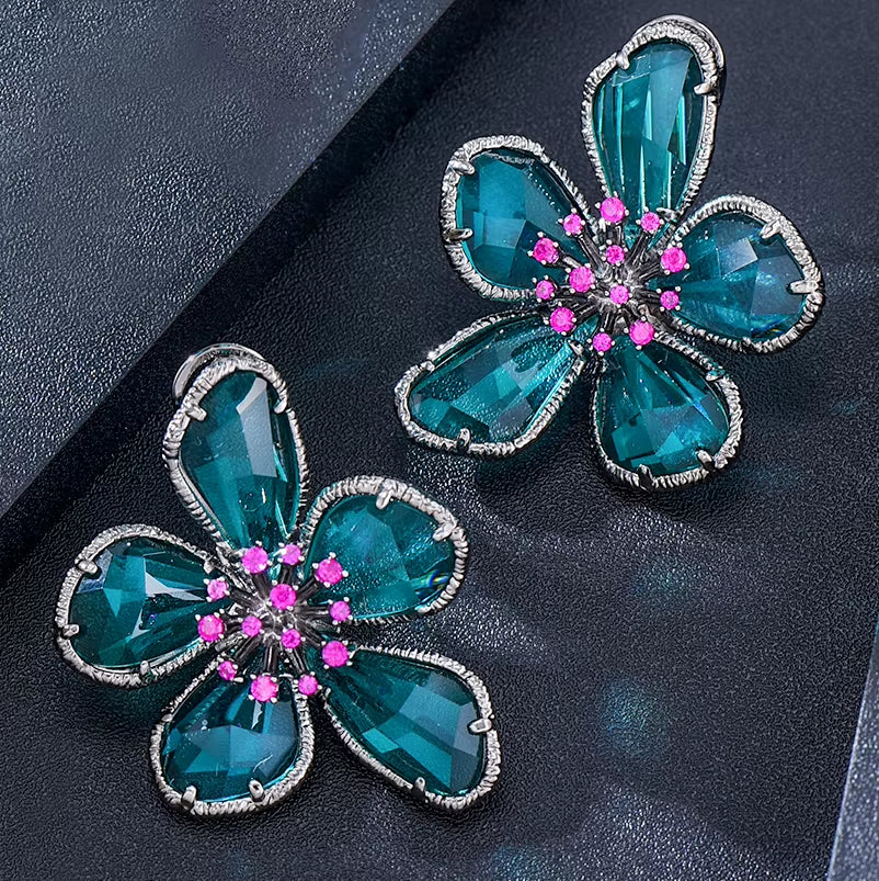 Luxury Flower Blue Crystal Jewelry Set for Women Wedding Necklace Earring Set Cubic Zircon Dubai Bridal Jewelry Set 2024