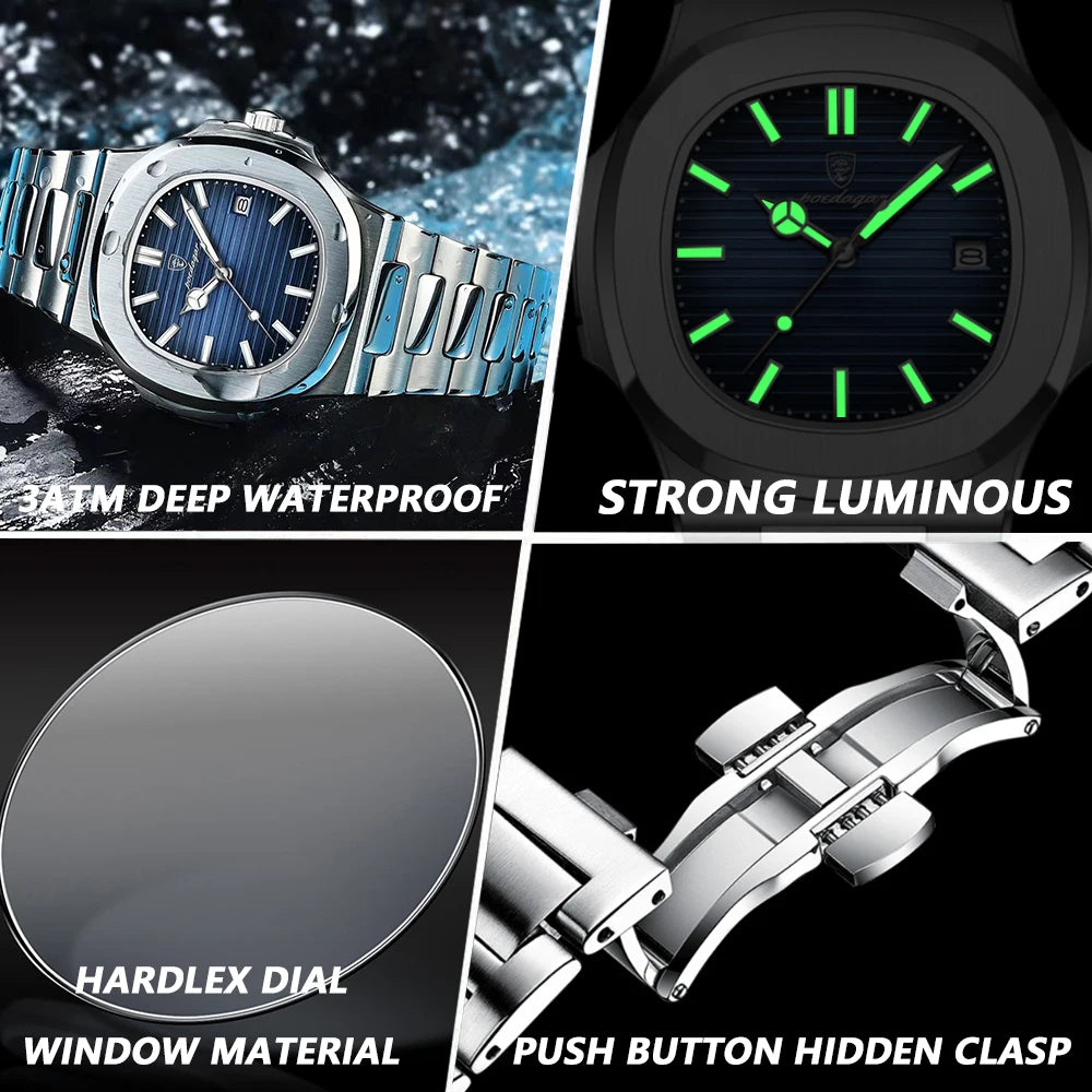 2023 New  Luxury Watch Business Waterproof Male Clock Luminous Date Stainless Steel Square Quartz Men Watch Reloj Hombre